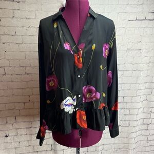Josie Natori size small black long sleeve blouse with poppy flowers
